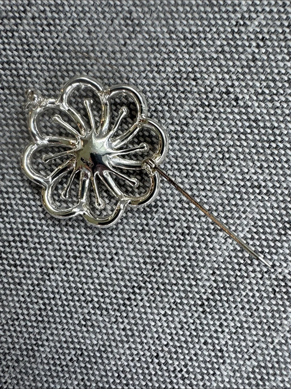 Monet Vintage Pearl Rhinestone Silver Tone Swirl Flower Brooch Pin Collectible